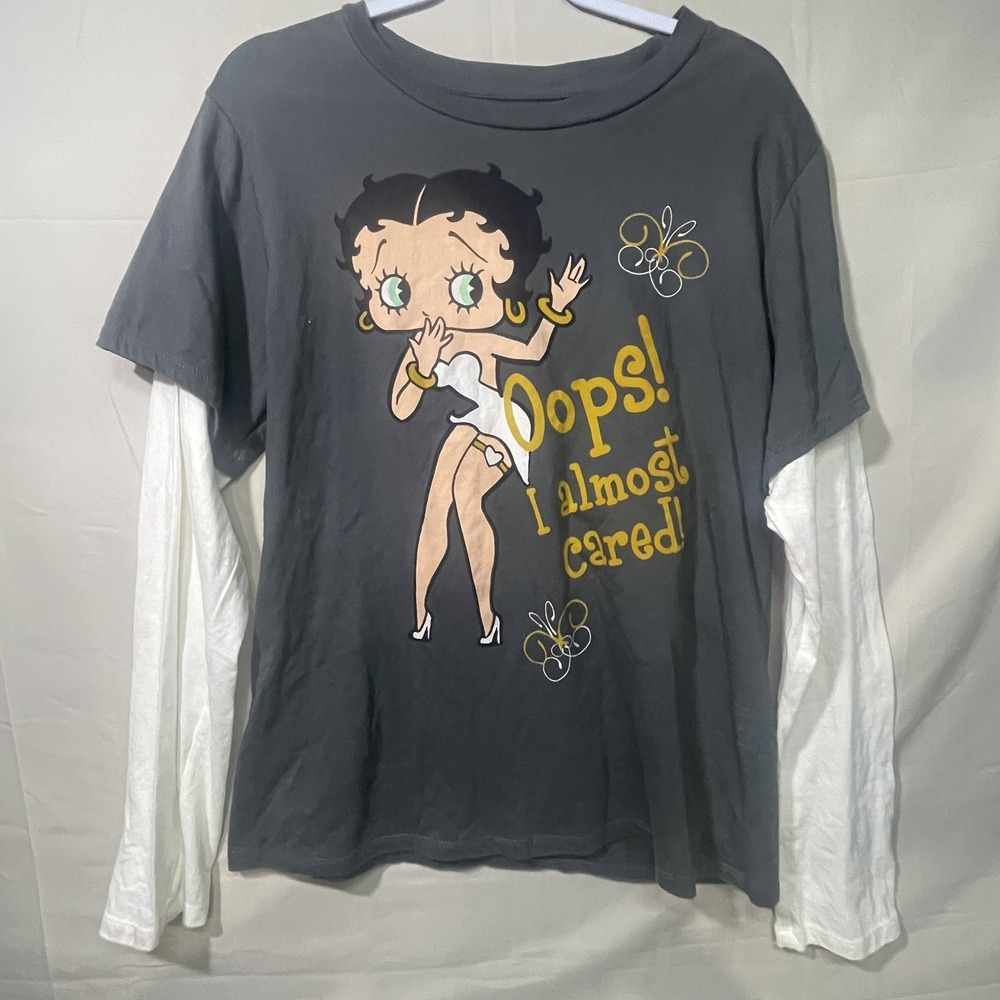 Vintage Betty Boop Gray/White Layered Long Sleeve Shirt Women Size XXL Y2K